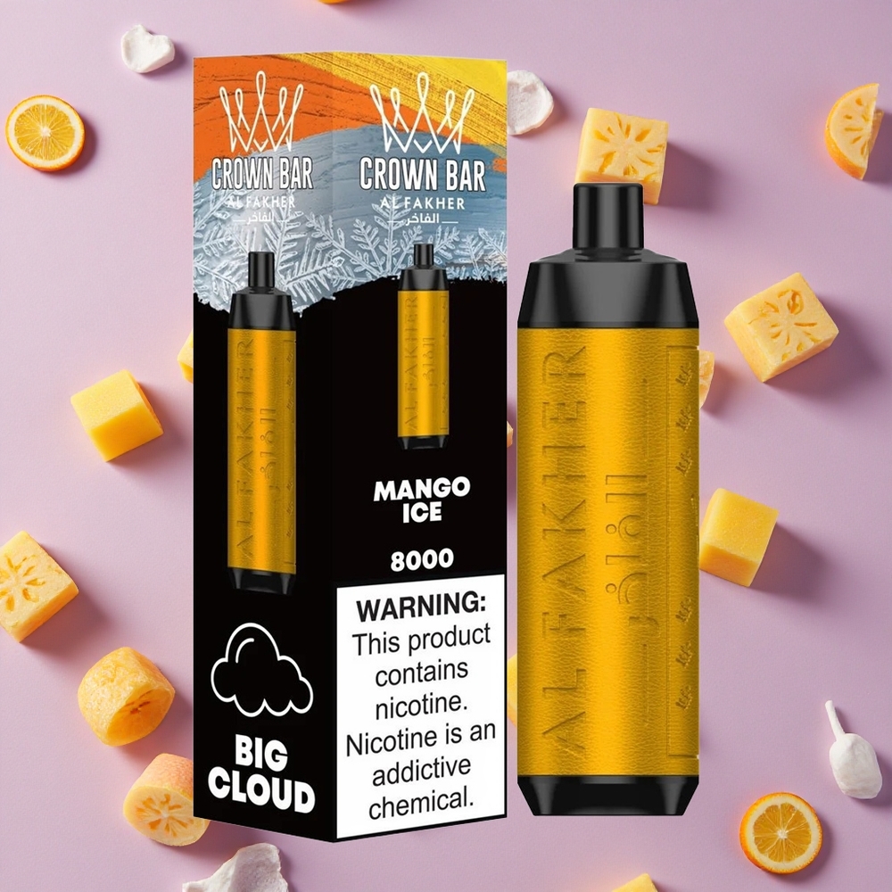 Mango Ice Al Fakher Crown Bar 8000 Crystal Disposable Vape 18ml e-Liquid Capacity USB Type-c Charging Cable New Zealand wholesalers